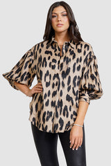 Linen Animal Print Shirt with Balloon Sleeves