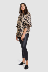 Linen Animal Print Shirt with Balloon Sleeves