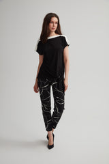 Black Marble Skinny Ankle Pant with Buttons