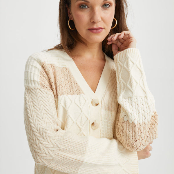 Patchwork Cable Knit Cardigan White S - カーディガン